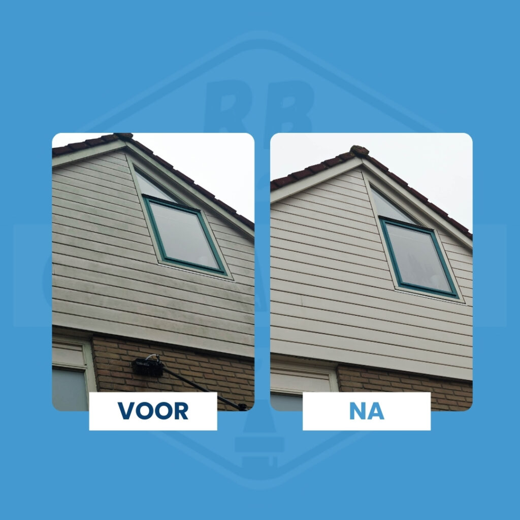 Schoonmaak van groene en zwarte aanslag op kunststof gevel voor en na resultaat in Friesland.